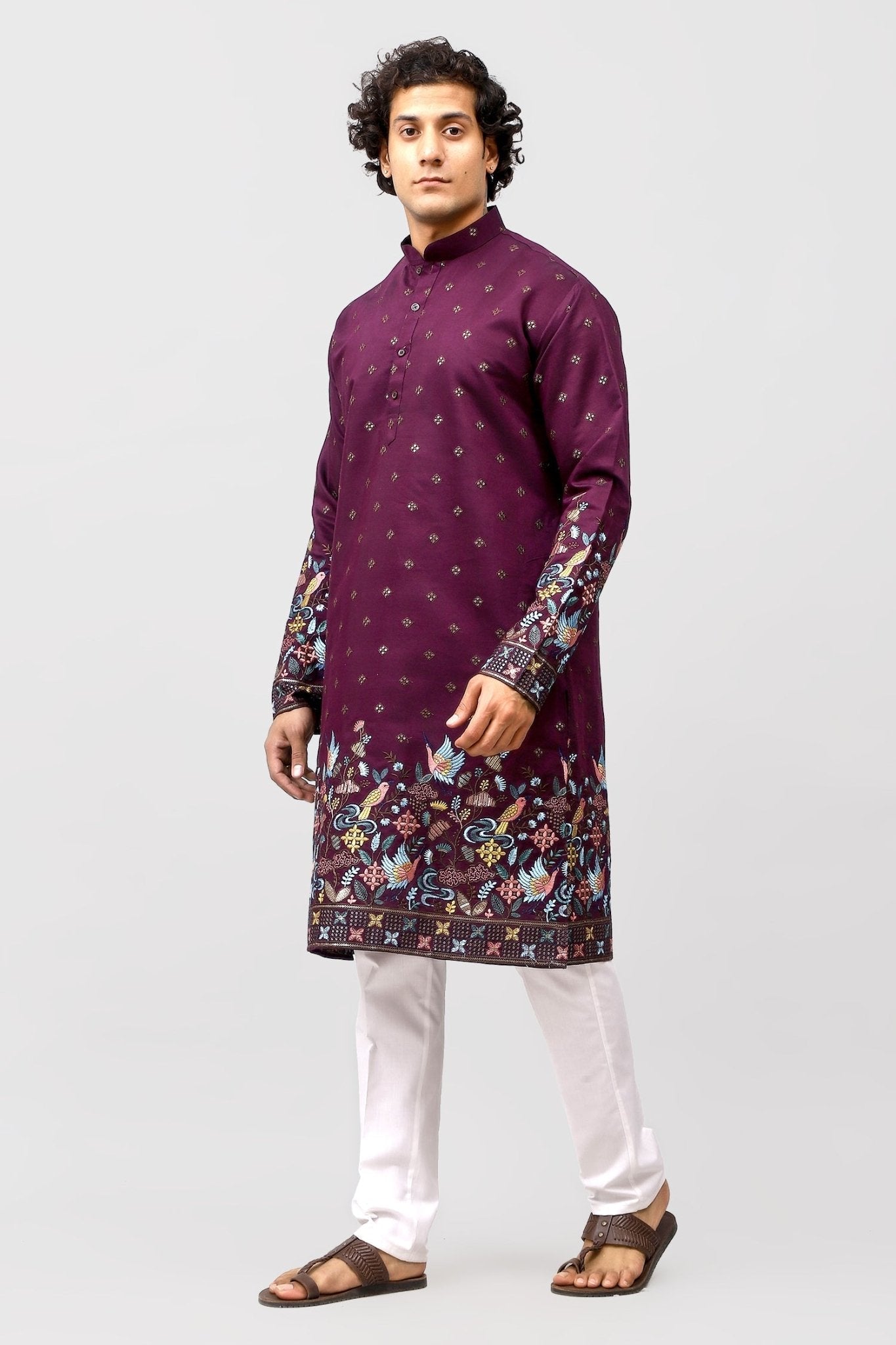 Bluesaanchi Phulkari Floral and Sequins Embroidered Kurta Set for Men Purple Color | Swadesiicart