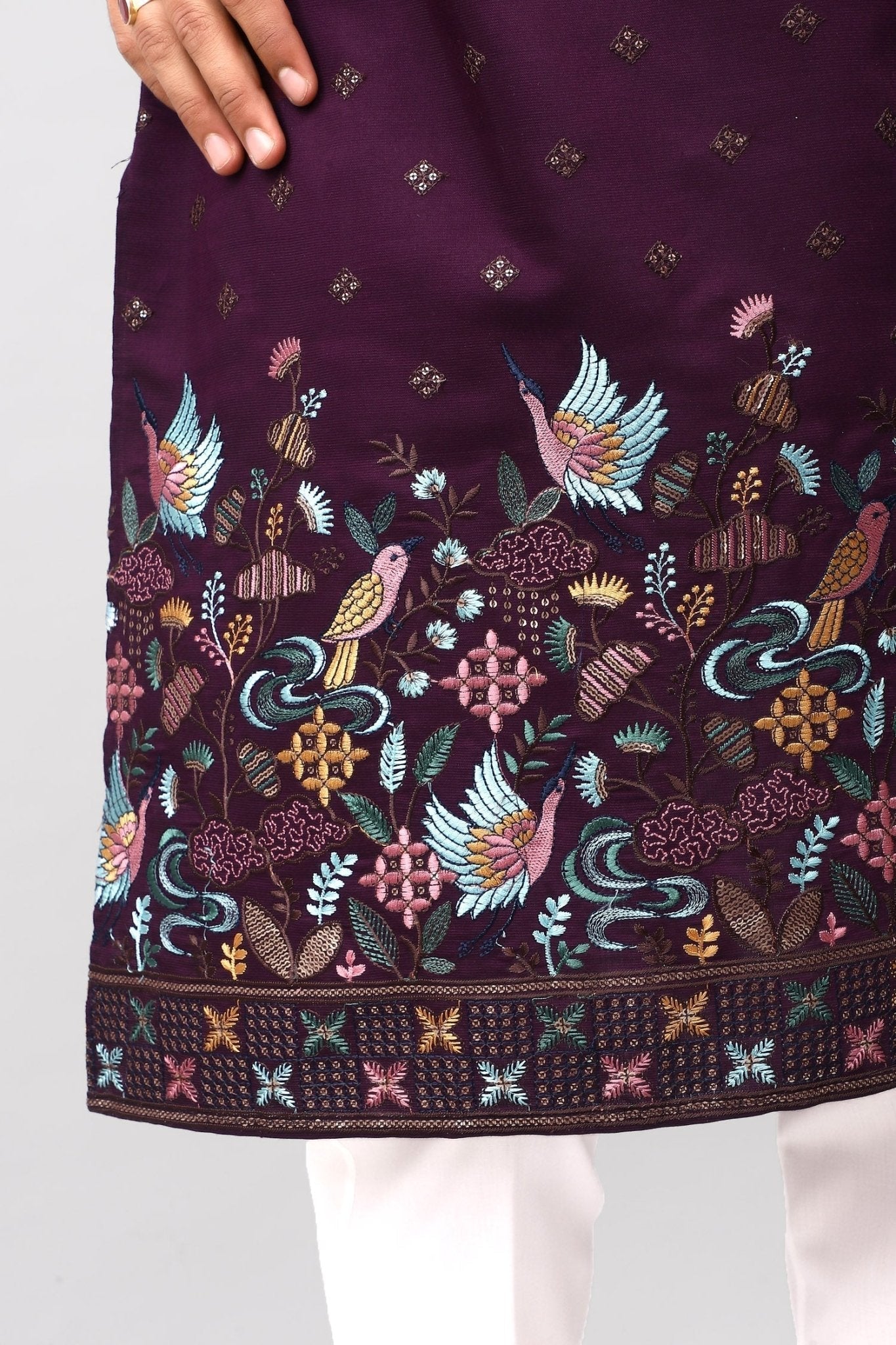 Bluesaanchi Phulkari Floral and Sequins Embroidered Kurta Set for Men Purple Color | Swadesiicart