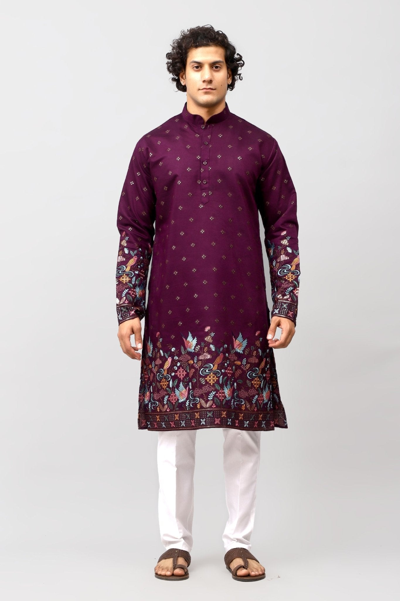 Bluesaanchi Phulkari Floral and Sequins Embroidered Kurta Set for Men Purple Color | Swadesiicart