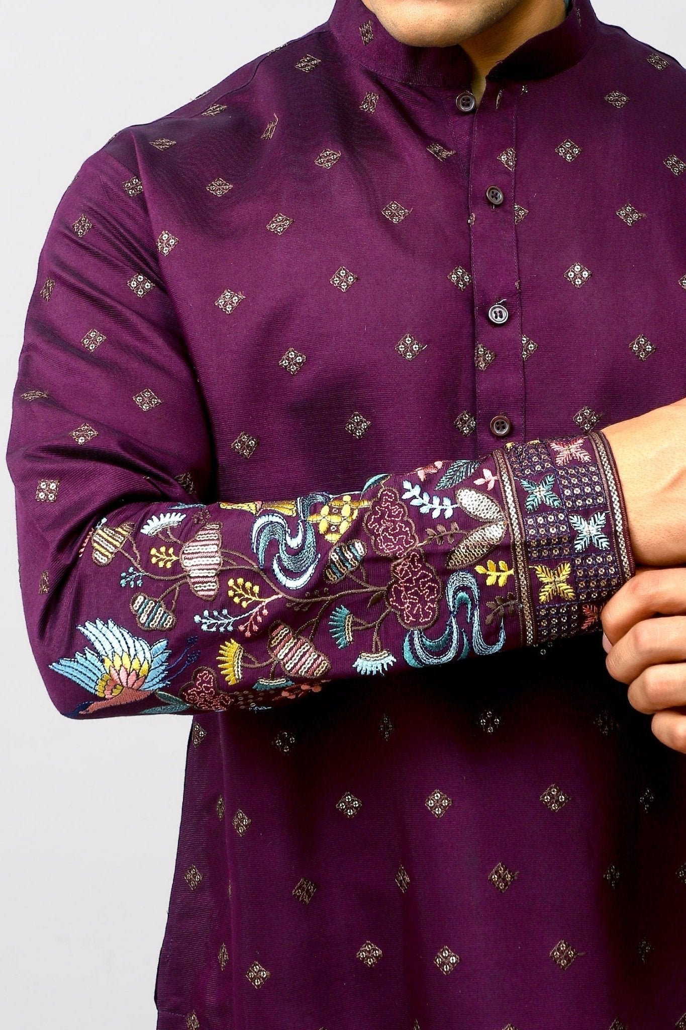 Bluesaanchi Phulkari Floral and Sequins Embroidered Kurta Set for Men Purple Color | Swadesiicart