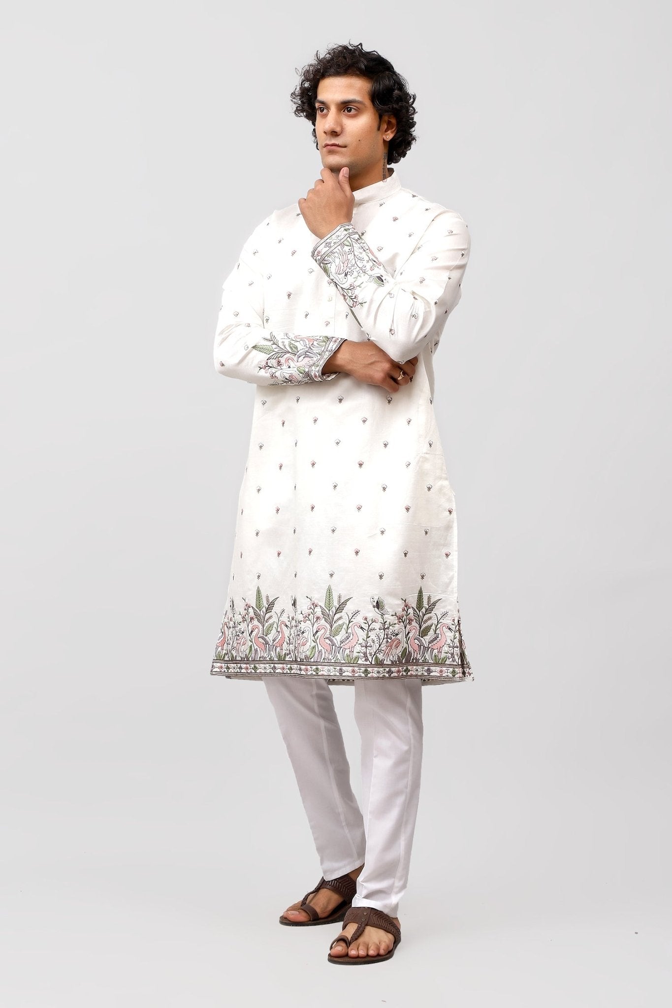 Bluesaanchi Phulkari Floral and Sequins Embroidered Kurta Set for Men White | Swadesiicart
