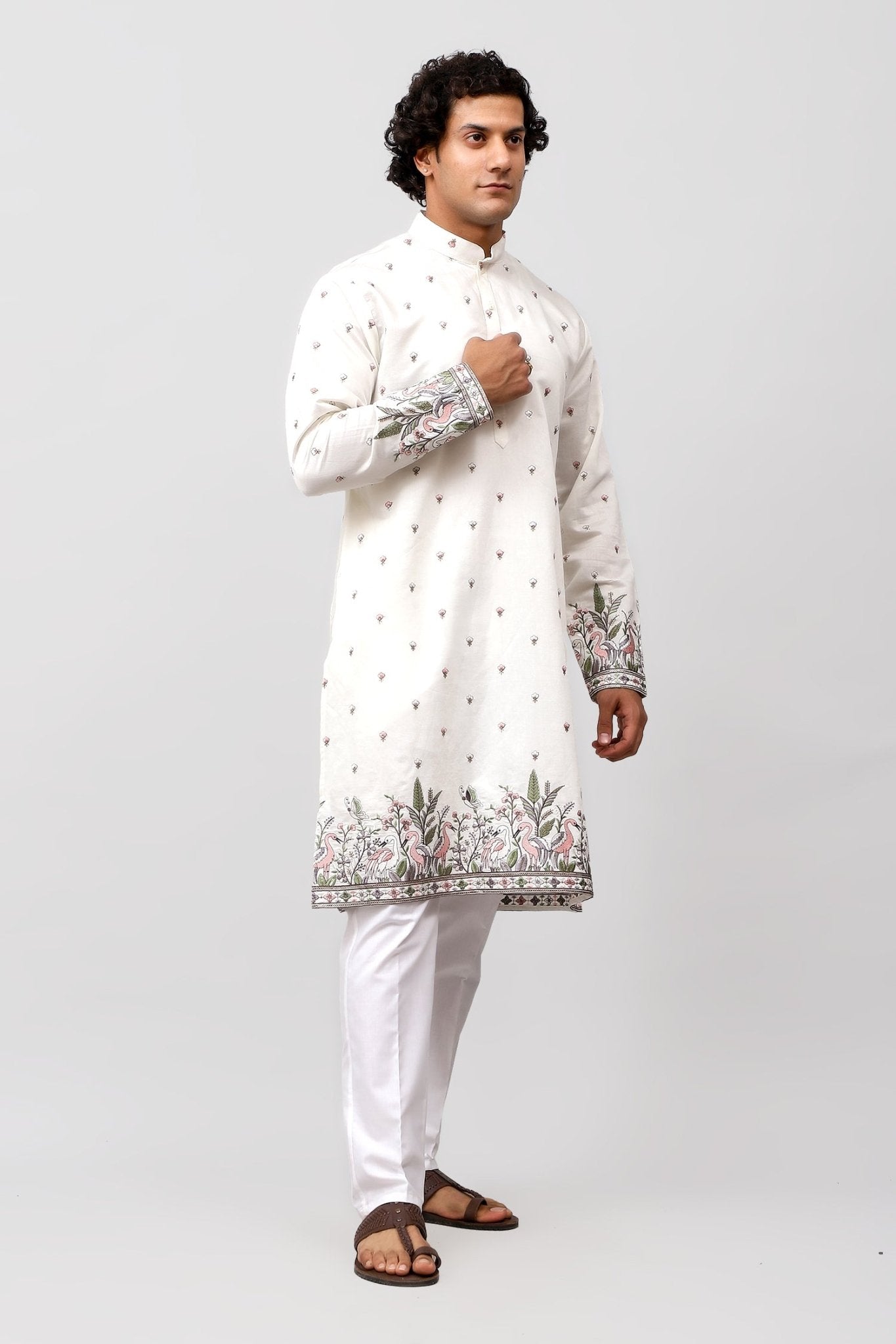 Bluesaanchi Phulkari Floral and Sequins Embroidered Kurta Set for Men White | Swadesiicart