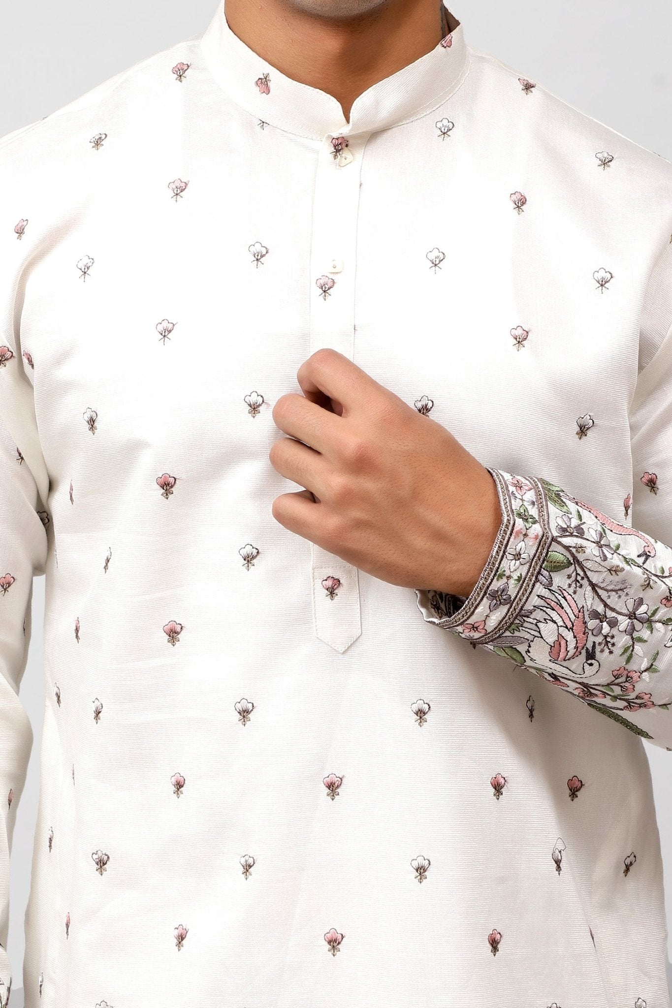 Bluesaanchi Phulkari Floral and Sequins Embroidered Kurta Set for Men White | Swadesiicart
