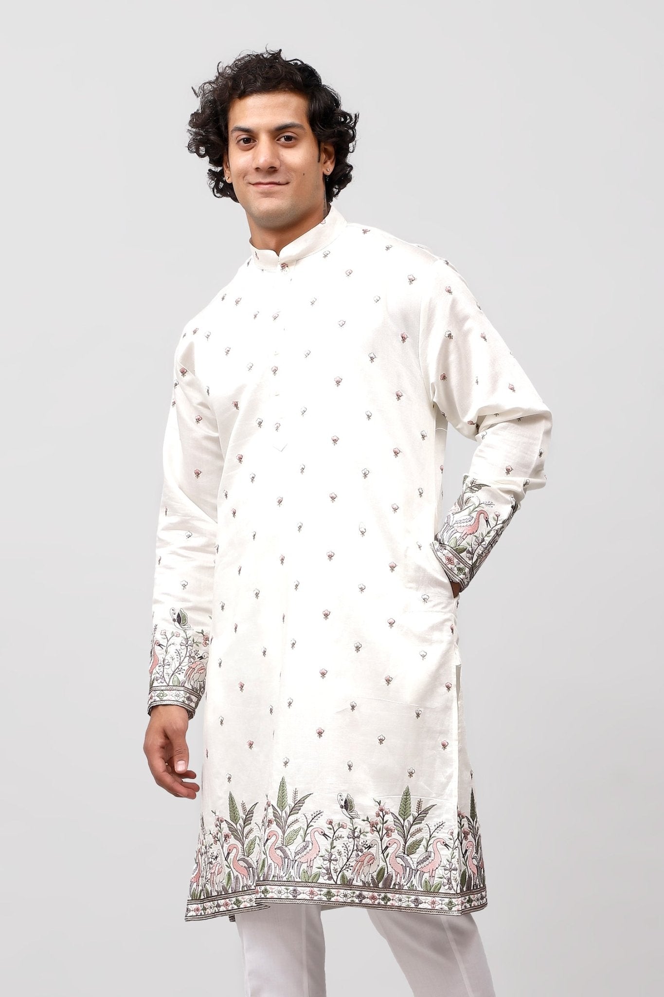 Bluesaanchi Phulkari Floral and Sequins Embroidered Kurta Set for Men White | Swadesiicart