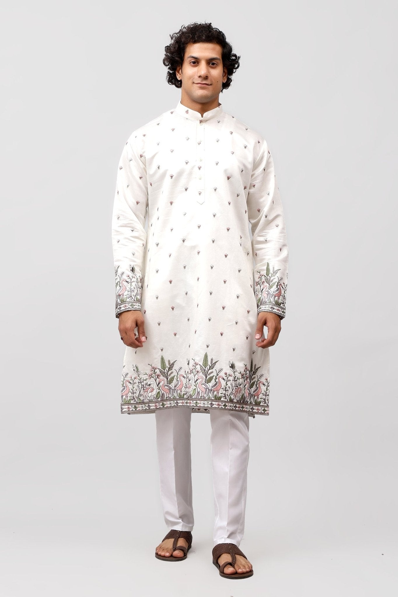 Bluesaanchi Phulkari Floral and Sequins Embroidered Kurta Set for Men White | Swadesiicart