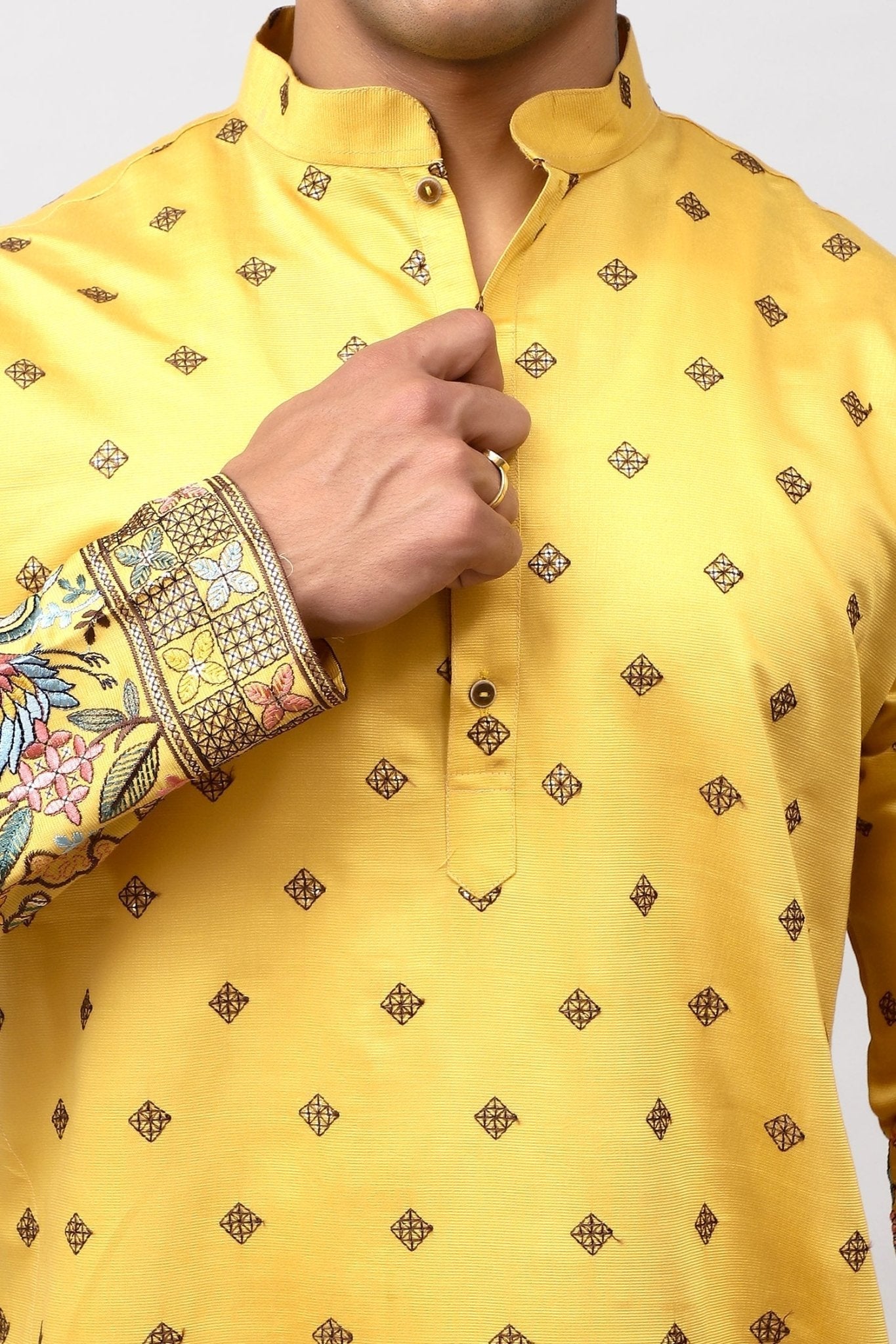 Bluesaanchi Phulkari Floral and Sequins Embroidered Kurta Set for Men Yellow | Swadesiicart