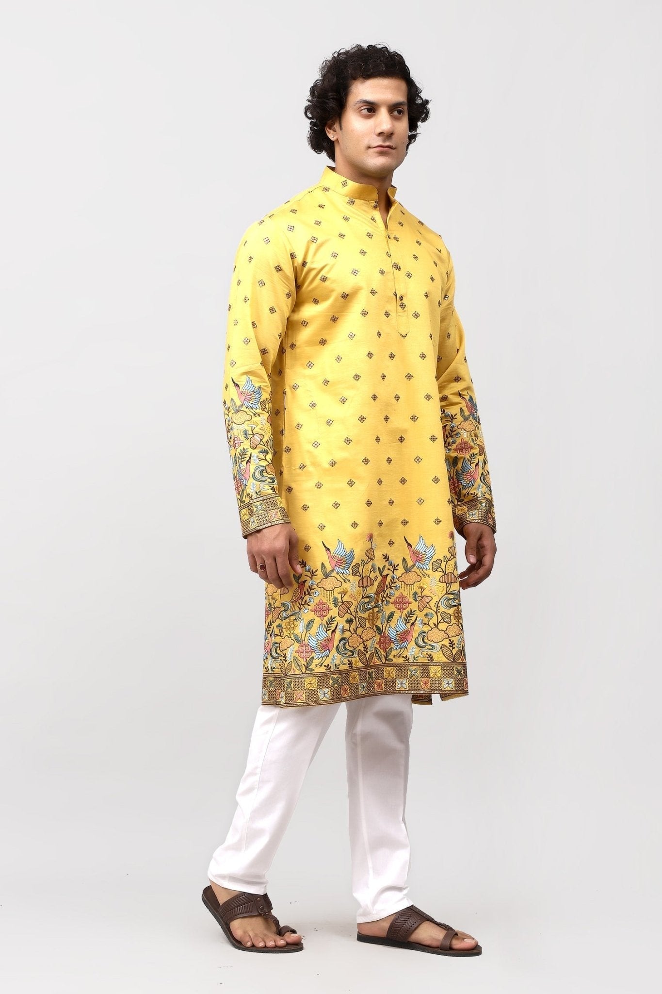 Bluesaanchi Phulkari Floral and Sequins Embroidered Kurta Set for Men Yellow | Swadesiicart