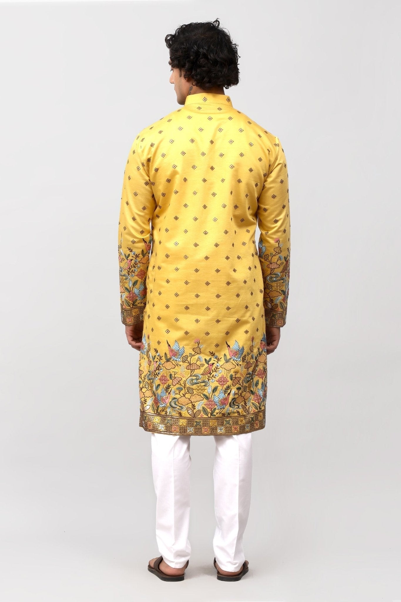 Bluesaanchi Phulkari Floral and Sequins Embroidered Kurta Set for Men Yellow | Swadesiicart