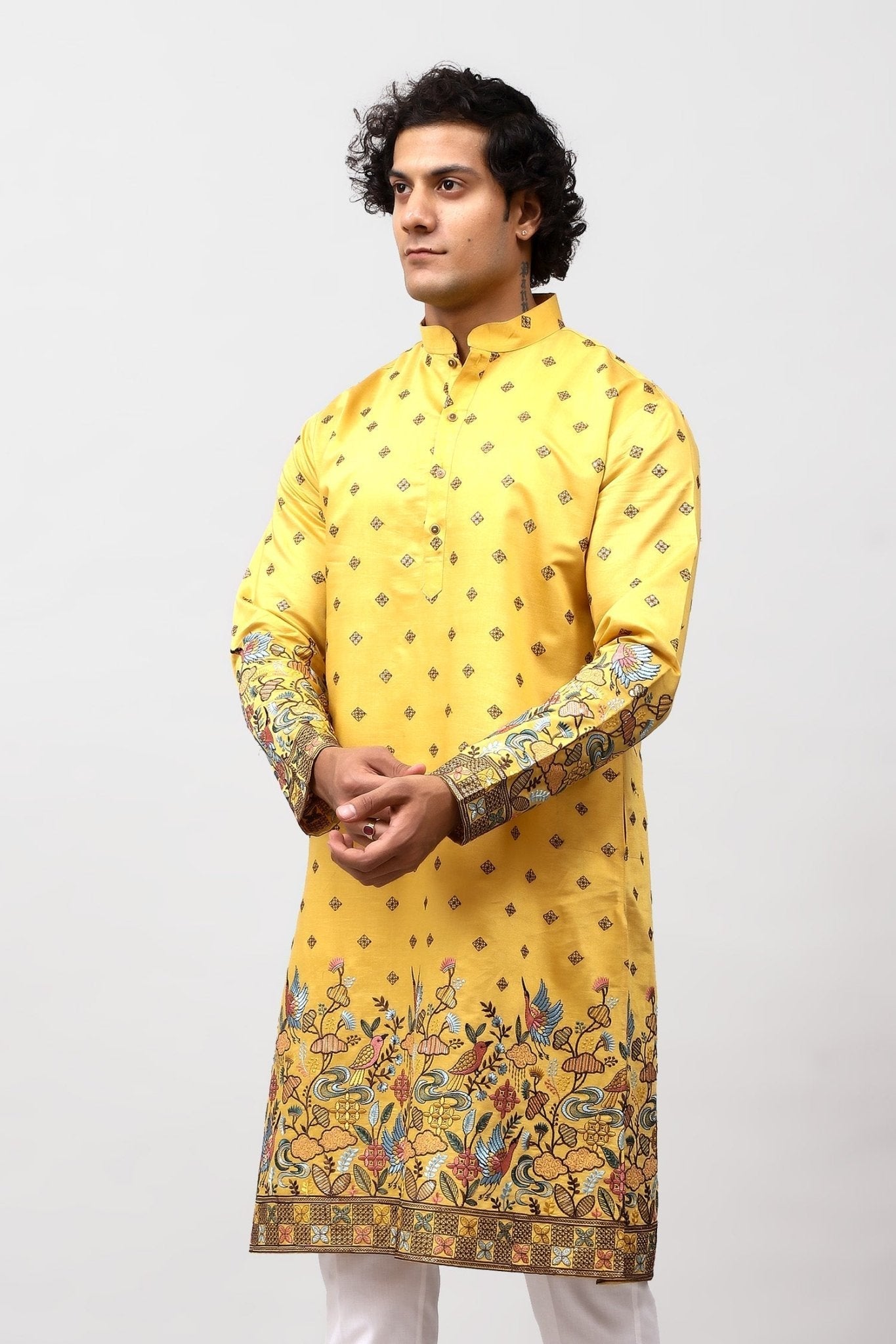 Bluesaanchi Phulkari Floral and Sequins Embroidered Kurta Set for Men Yellow | Swadesiicart