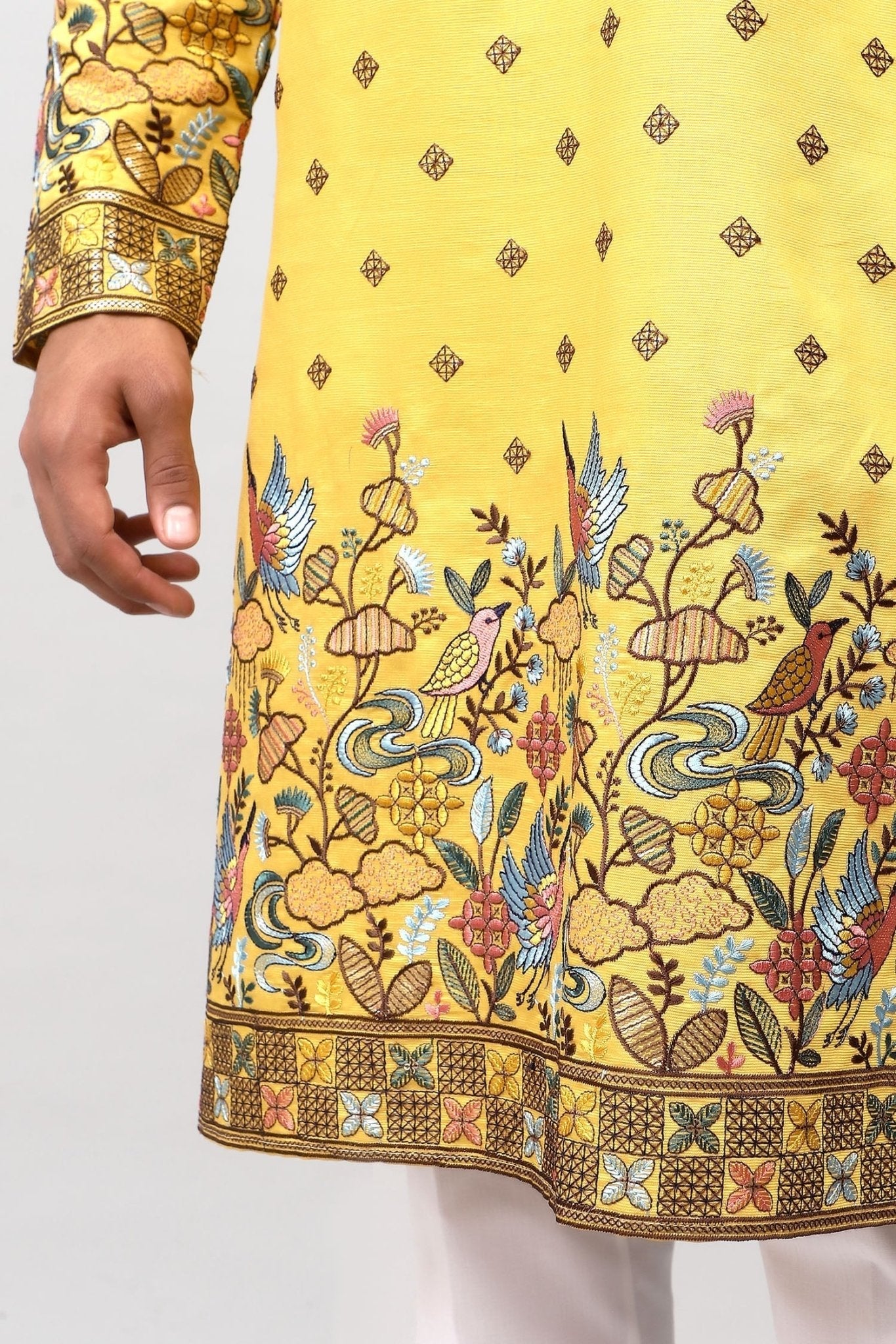 Bluesaanchi Phulkari Floral and Sequins Embroidered Kurta Set for Men Yellow | Swadesiicart
