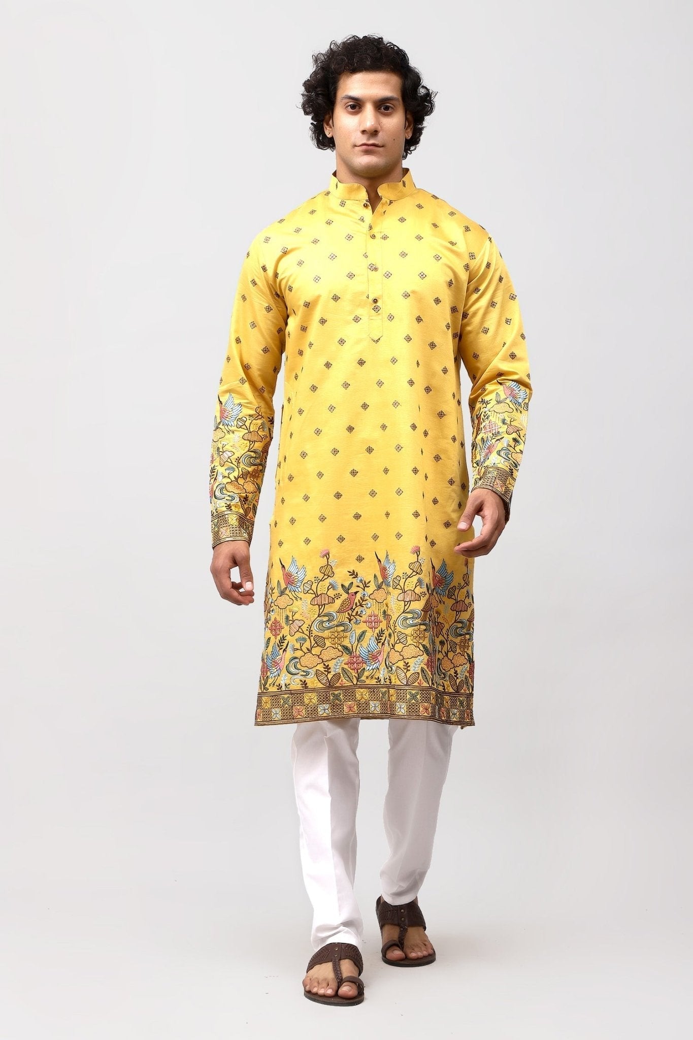 Bluesaanchi Phulkari Floral and Sequins Embroidered Kurta Set for Men Yellow | Swadesiicart