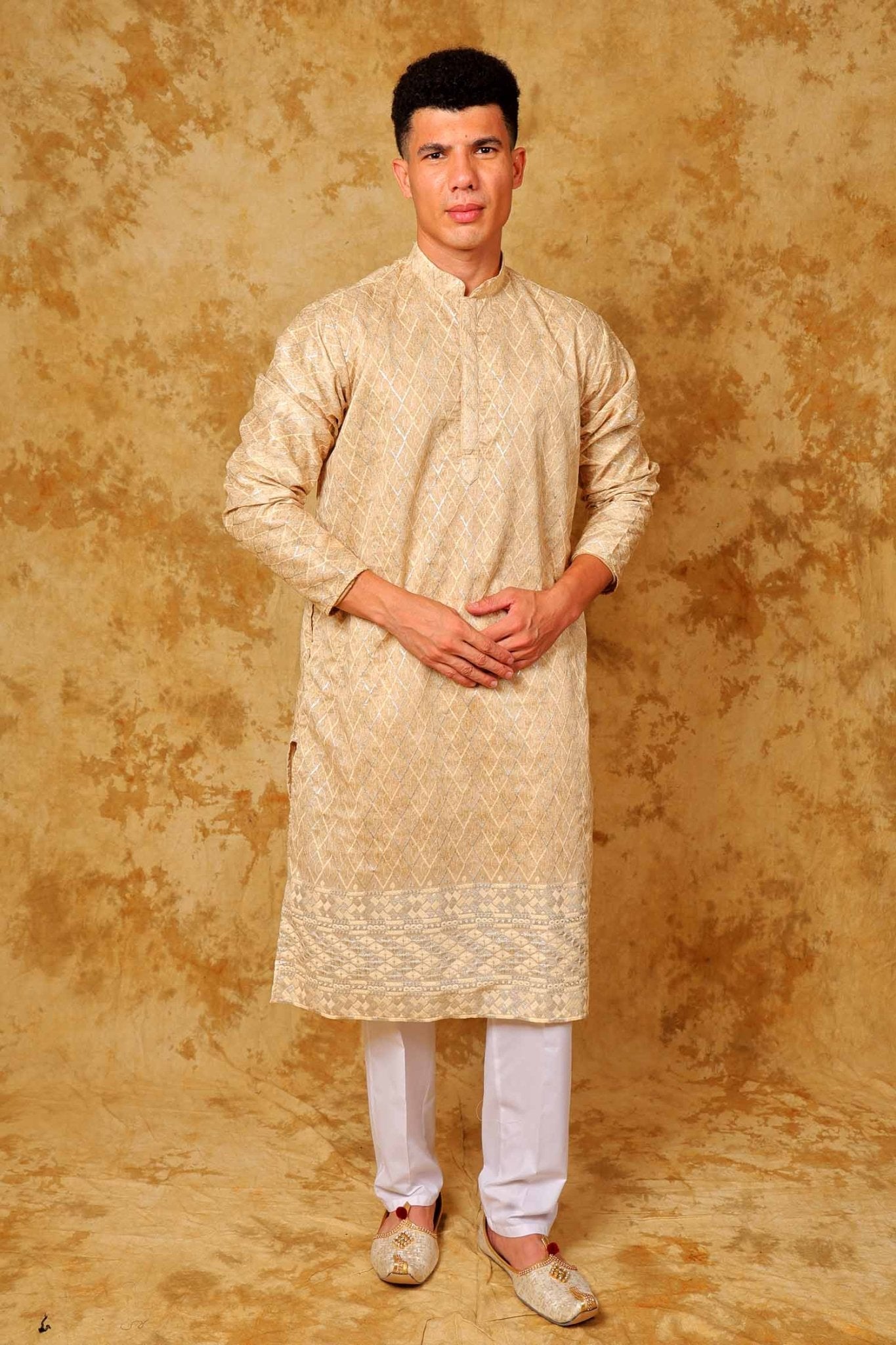 Bluesaanchi Zari Work Beige Kurta with Trouser Pajama | Swadesiicart