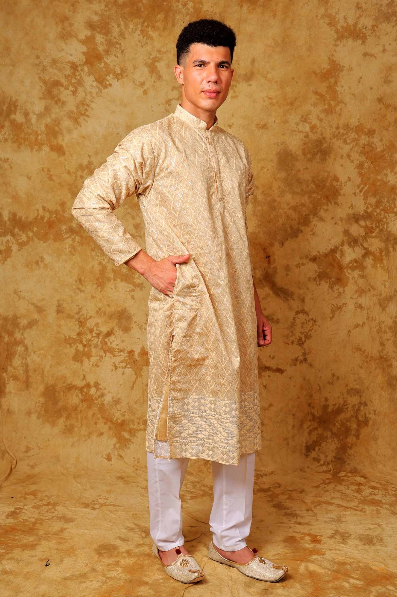 Bluesaanchi Zari Work Beige Kurta with Trouser Pajama | Swadesiicart
