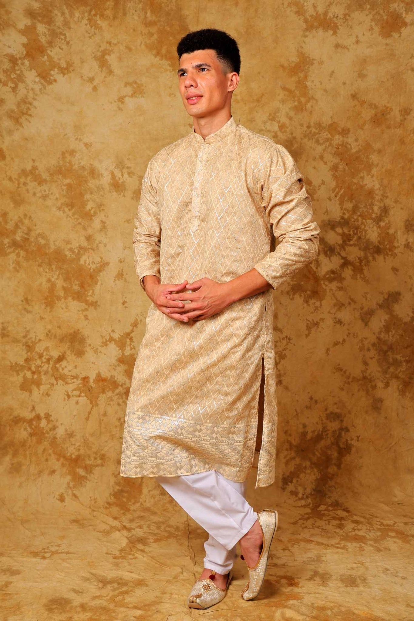 Bluesaanchi Zari Work Beige Kurta with Trouser Pajama | Swadesiicart