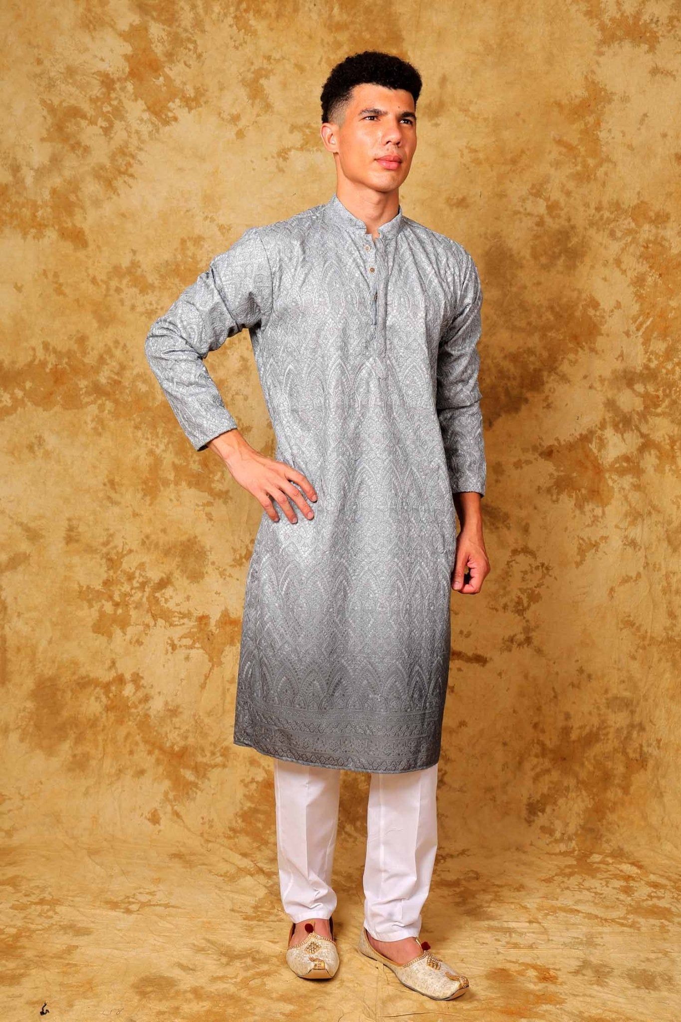 Bluesaanchi Zari Work Grey Kurta with Trouser Pajama | Swadesiicart