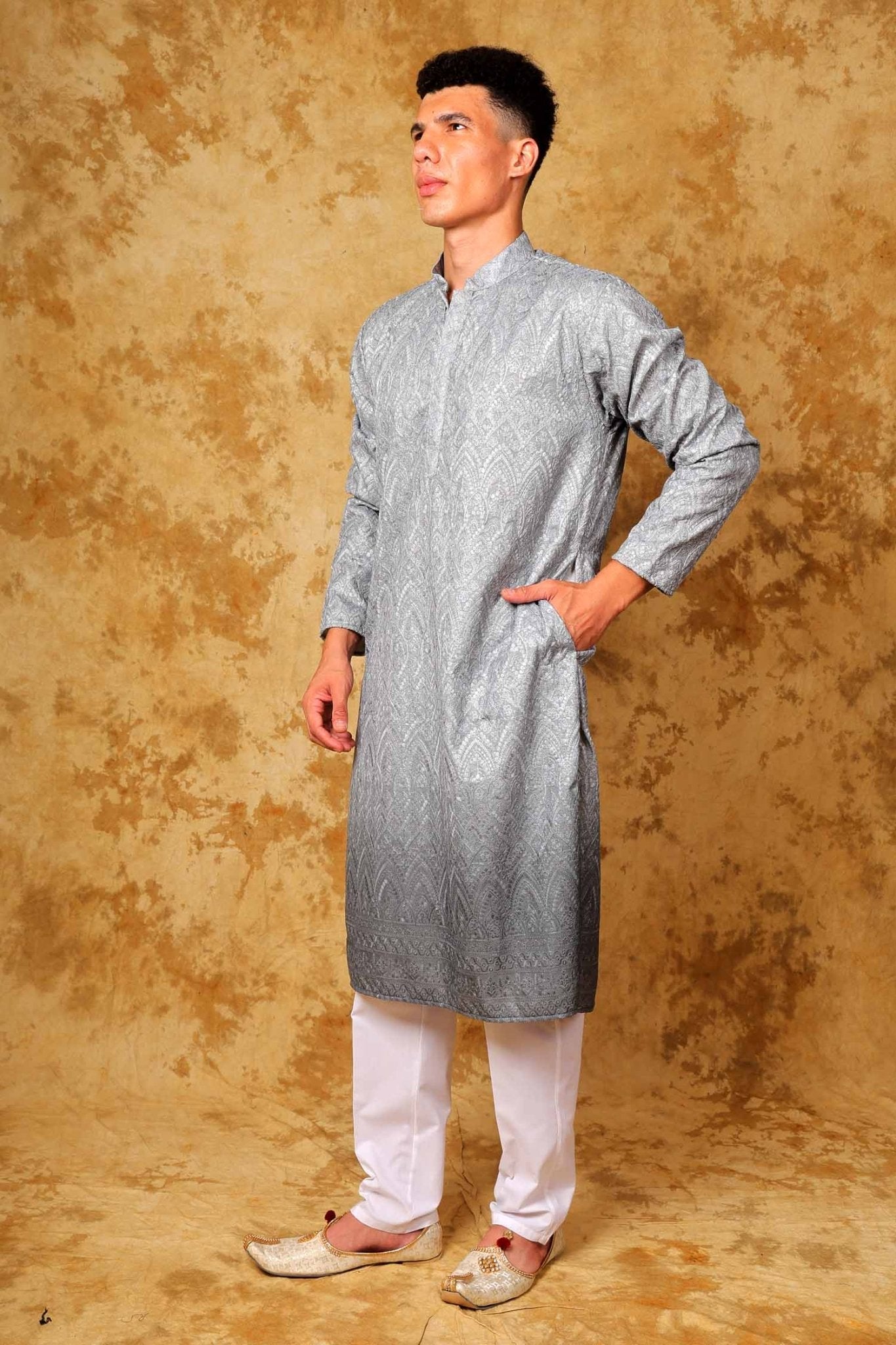 Bluesaanchi Zari Work Grey Kurta with Trouser Pajama | Swadesiicart