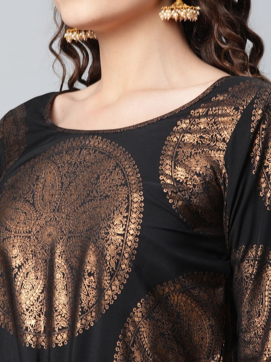 Ahalyaa Black Crepe Copper Foil Printed Jumpsuit - Swadesiicart