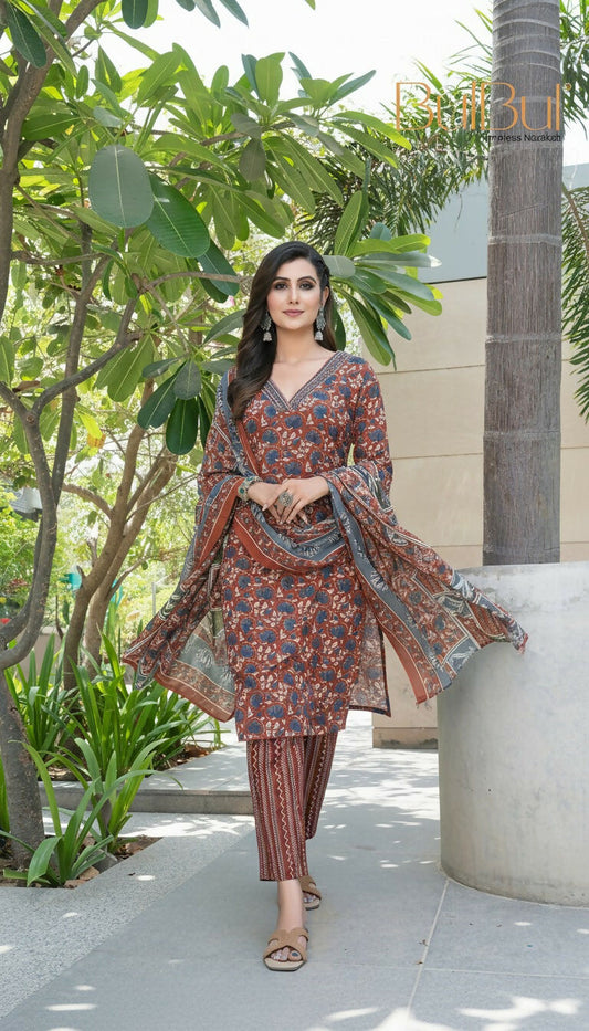 BulBul Fashionista Rust Cotton Kurta Set with Dupatta - Swadesiicart