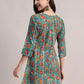 Aavyora Women's Teal Green Cotton A-Line Tunic with Red Floral Print and All-Over Pintuck Details