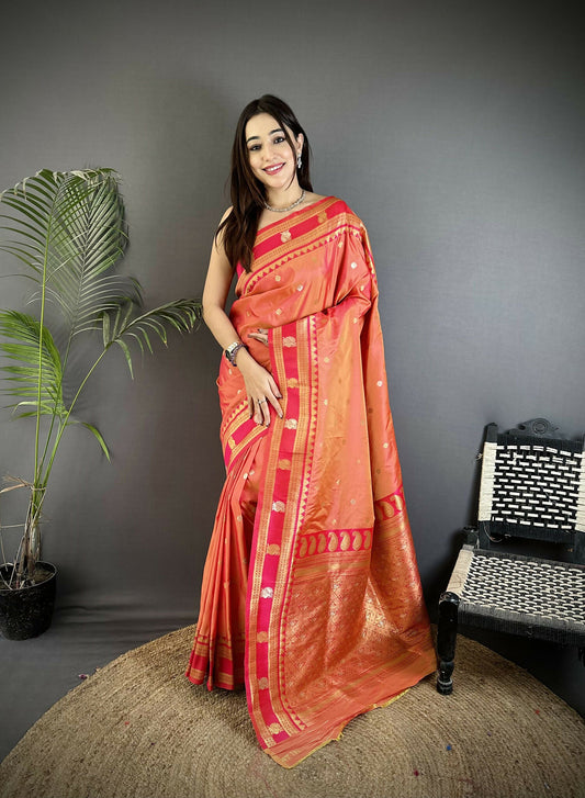 Joban Fashion Peach Banarasi Soft Silk Woven Saree | Swadesiicart