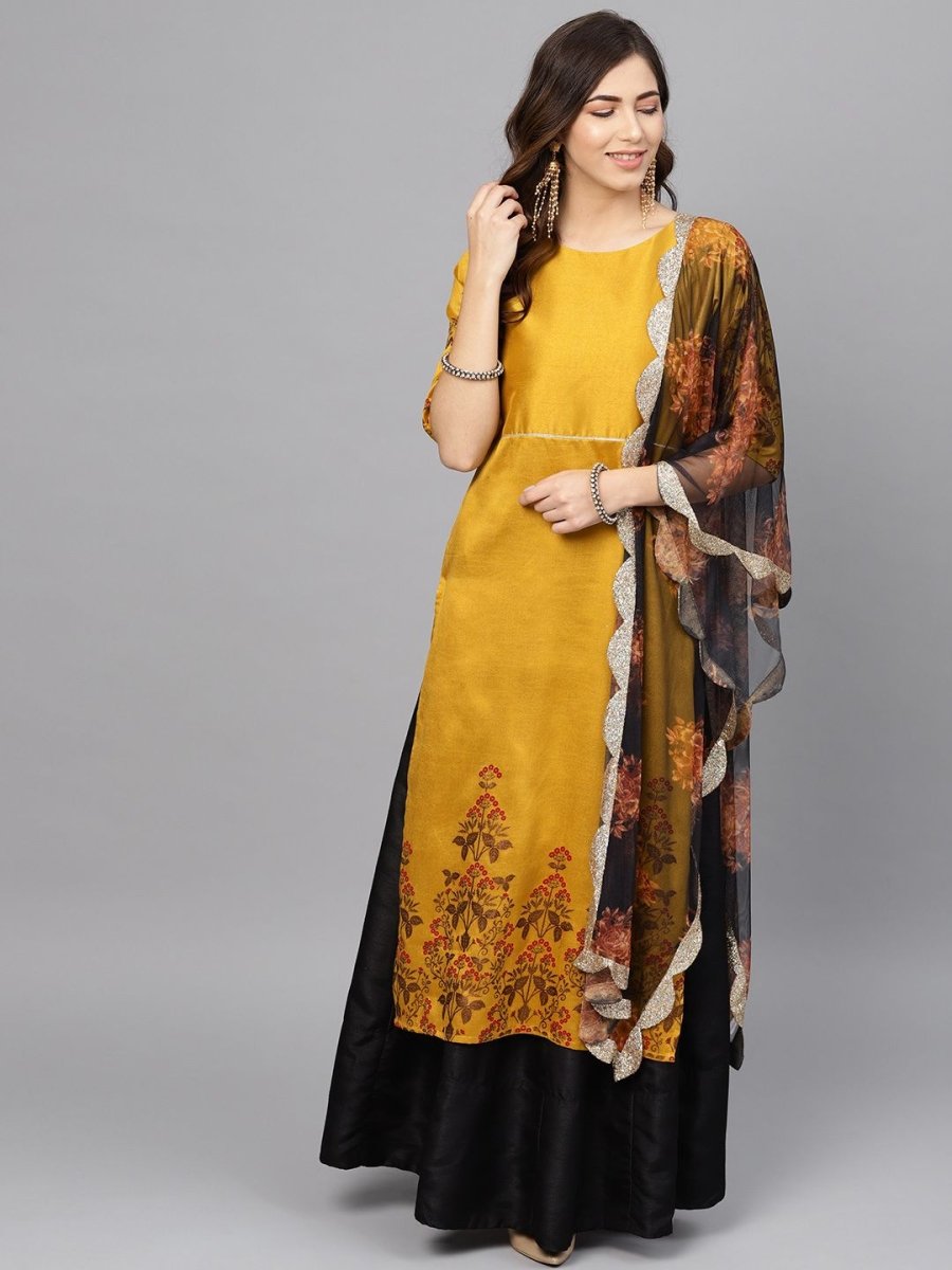 Ahalyaa Women's Mustard Poly Silk Printed Kurta Skirt Set With Dupatta | Swadesiicart