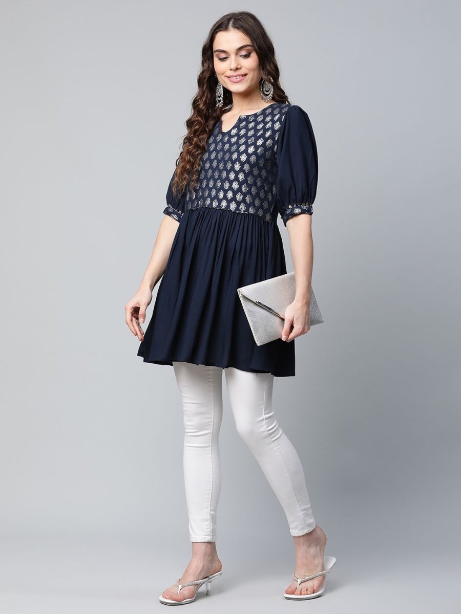 Ahalyaa Women Navy Blue Rayon Silver Foil Print Tunic | Swadesiicart