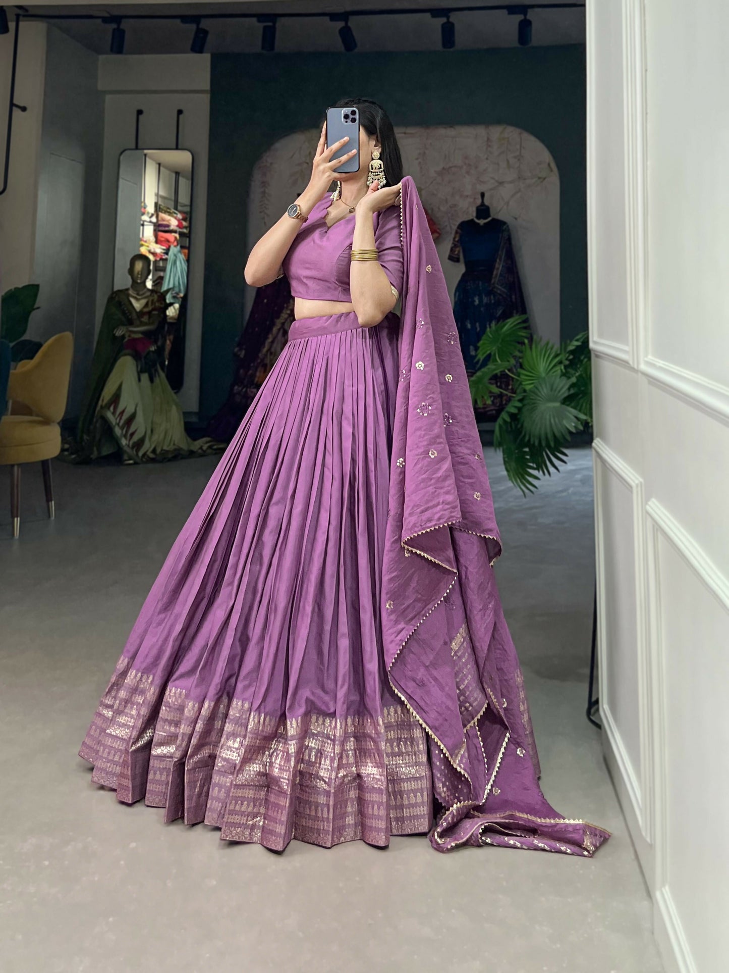 Lorenvalley Lavender Pure Chanderi Plain With Zari Weaving Work Border Lehenga Choli | Swadesiicart