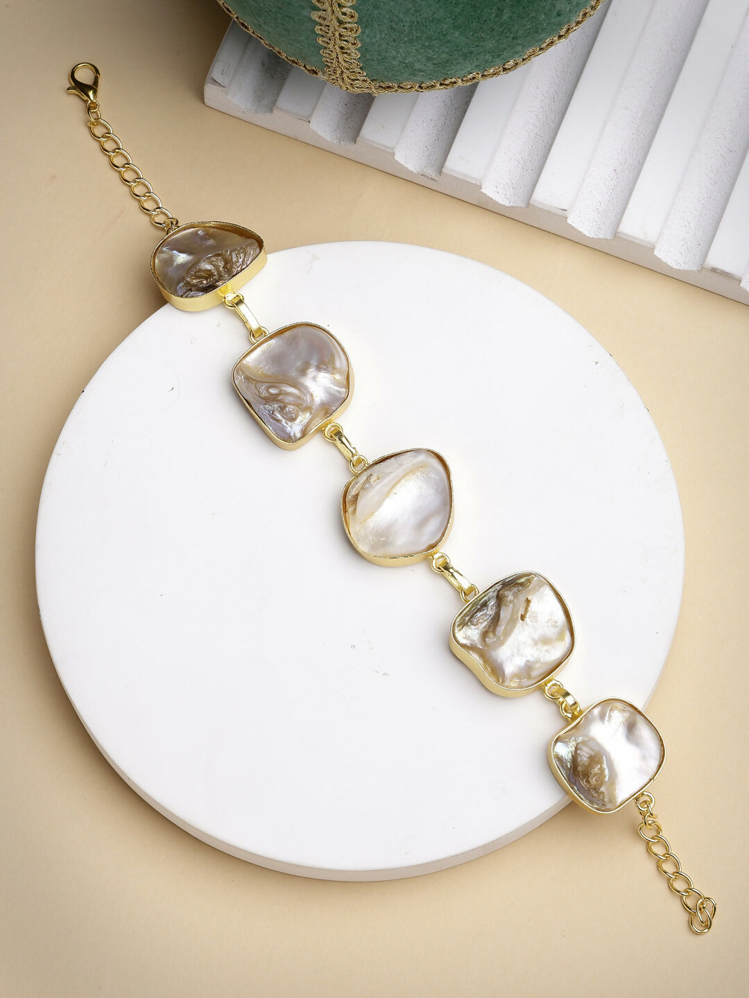 NVR Women's Gold-Polished Handcrafted Mother of Pearl Link Bracelet - Swadesiicart