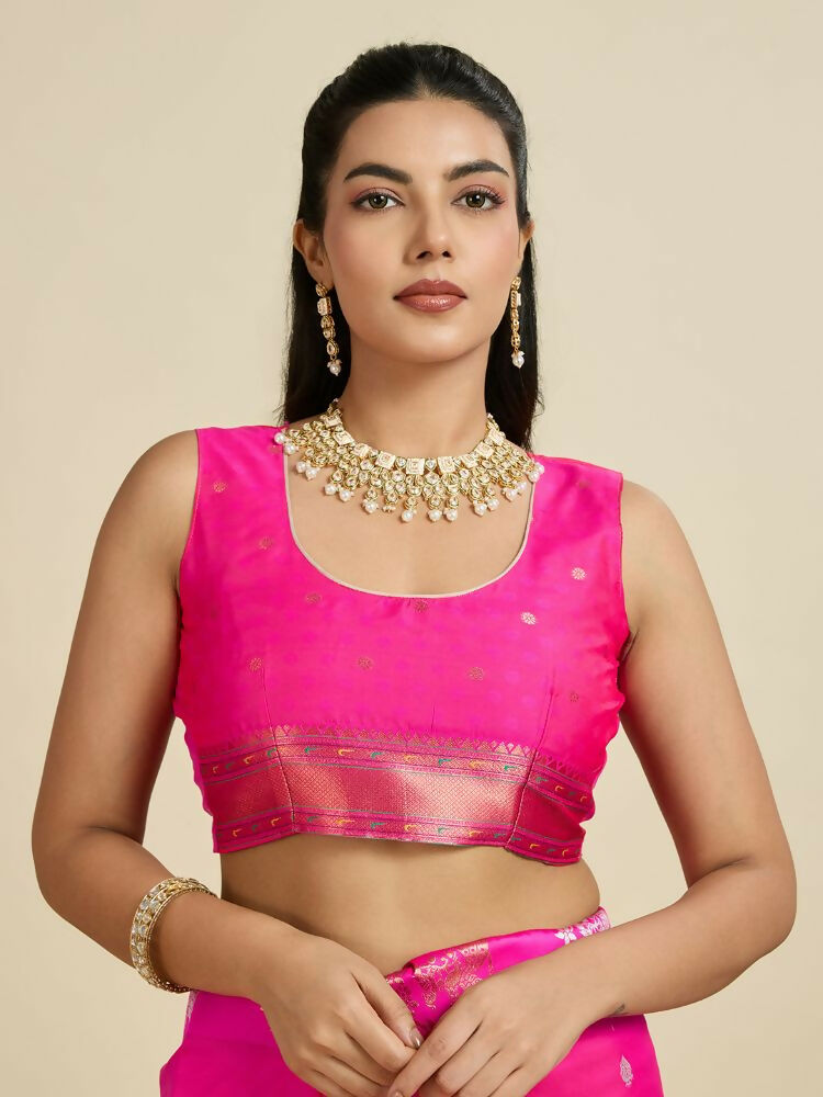 Vishnu Weaves Women's Pink Banarasi Silk Zari Woven Saree with Blouse - Swadesiicart