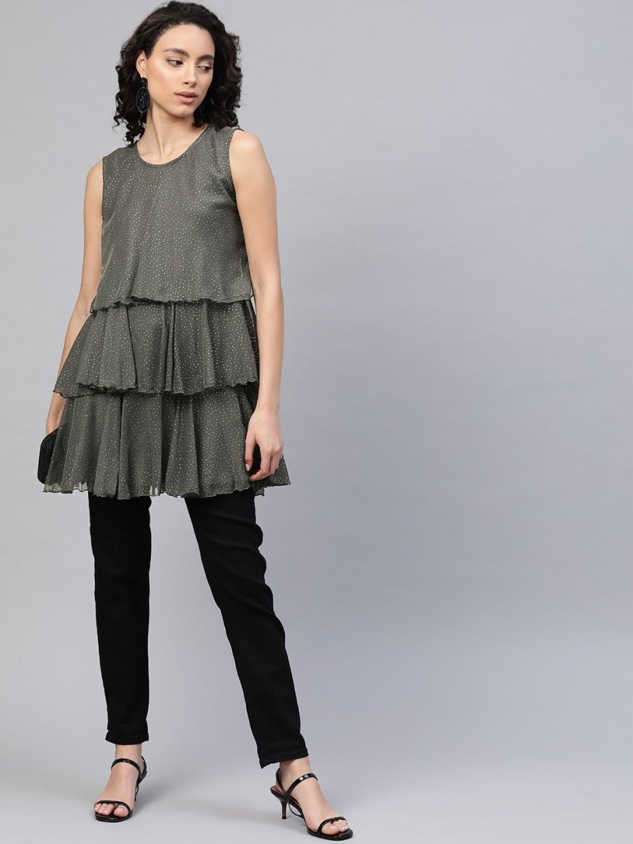 Ahalyaa Women Grey Chiffon Silver Glitter Printed Tiered Tunic | Swadesiicart