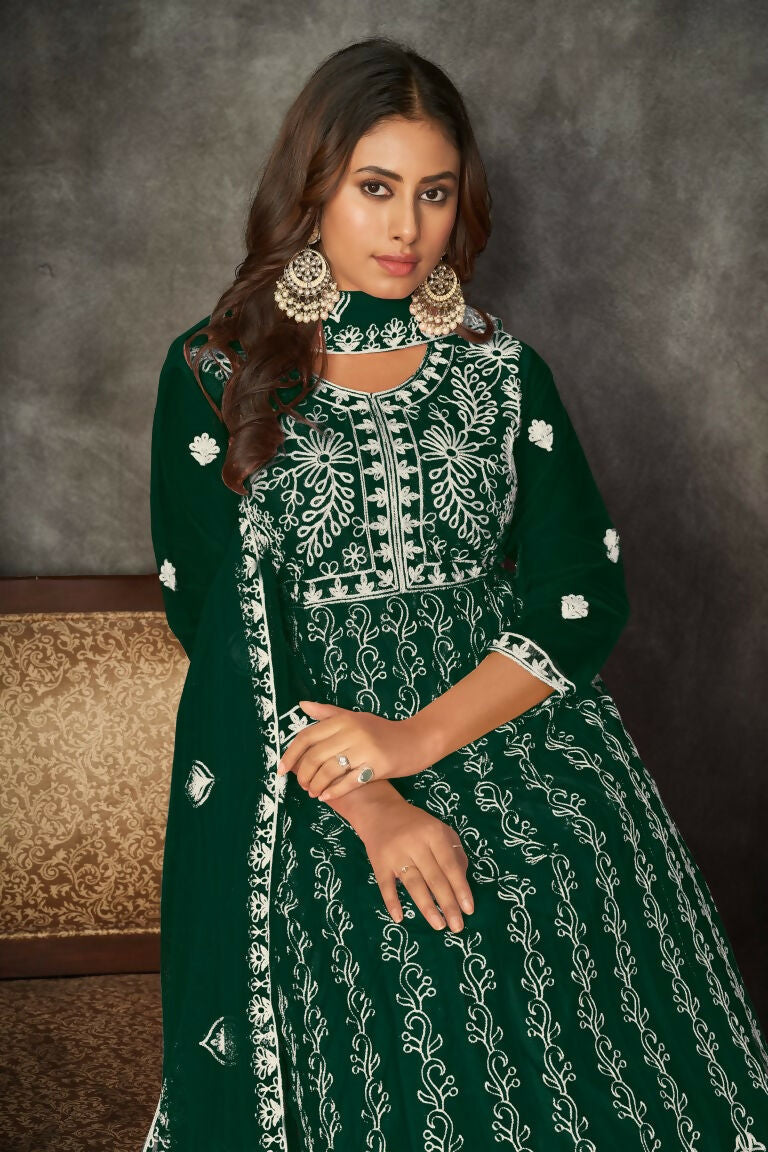 Jyoti Fashion Women's Green Net Embroidered Anarkali Kurta Pant Set With Dupatta | Swadesiicart