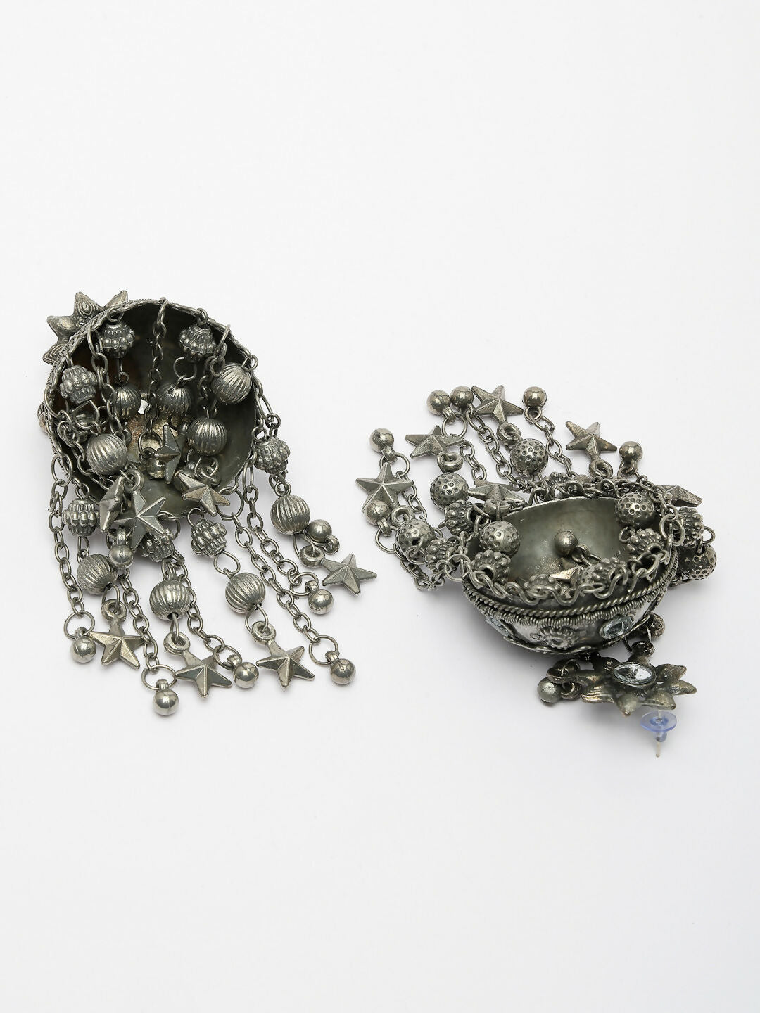 NVR Women's Silver Plated Mirror Work Oxidised Contemporary Jhumka Earrings | Swadesiicart