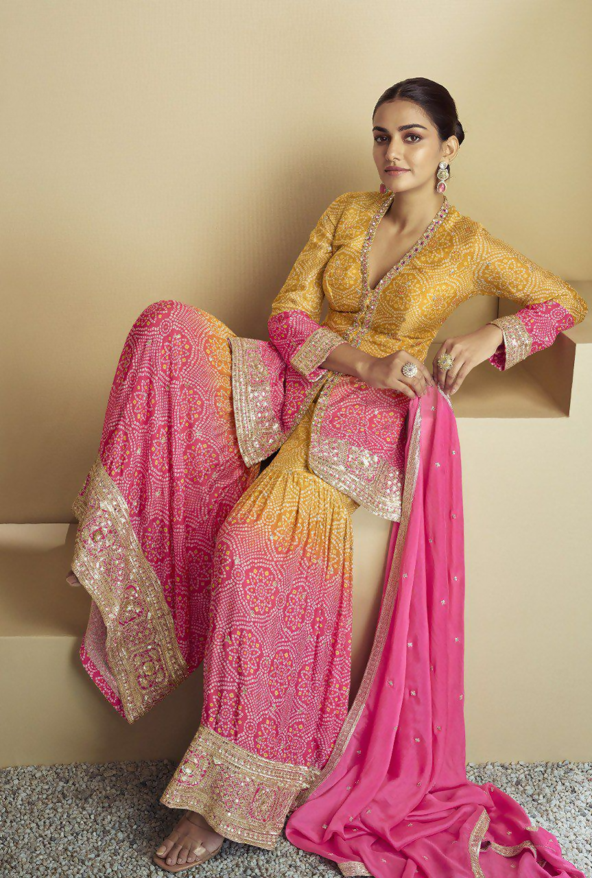 Lorenvalley Fashion Yellow and Pink Chinon Embroidery With Sequince Work Salwar Kameez Stitched | Swadesiicart