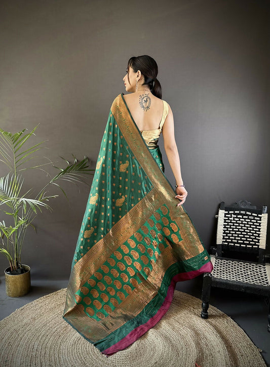 Joban Fashion Banarasi Dark Green Woven Soft Silk Saree | Swadesiicart