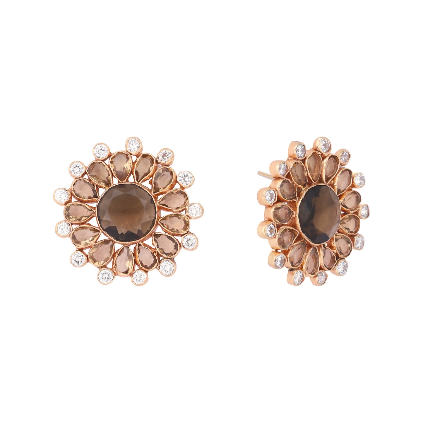 Nuyug 22K Gold Plated Faux Smoky Quartz & White Crystal Studded Contemporary Floral Shaped Studs | Swadesiicart