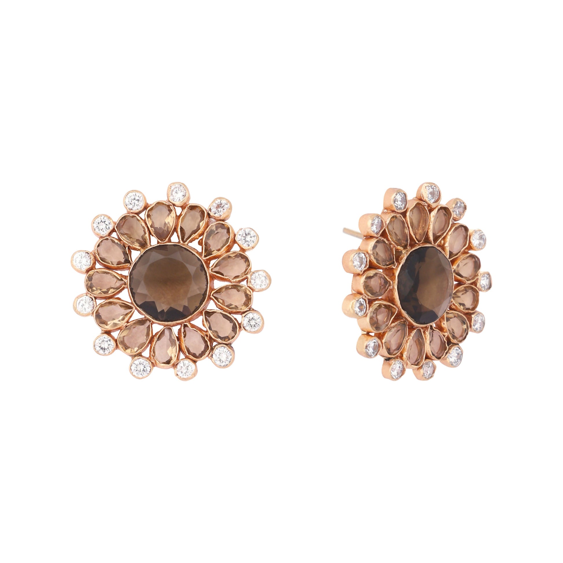 Nuyug 22K Gold Plated Faux Smoky Quartz & White Crystal Studded Contemporary Floral Shaped Studs | Swadesiicart