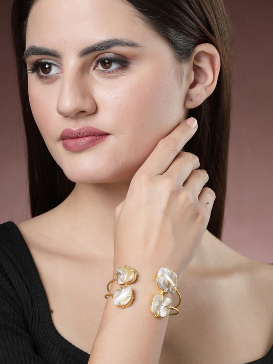 NVR Women's Gold-Polished Mother of Pearl Handcrafted Cuff Bracelet - Swadesiicart