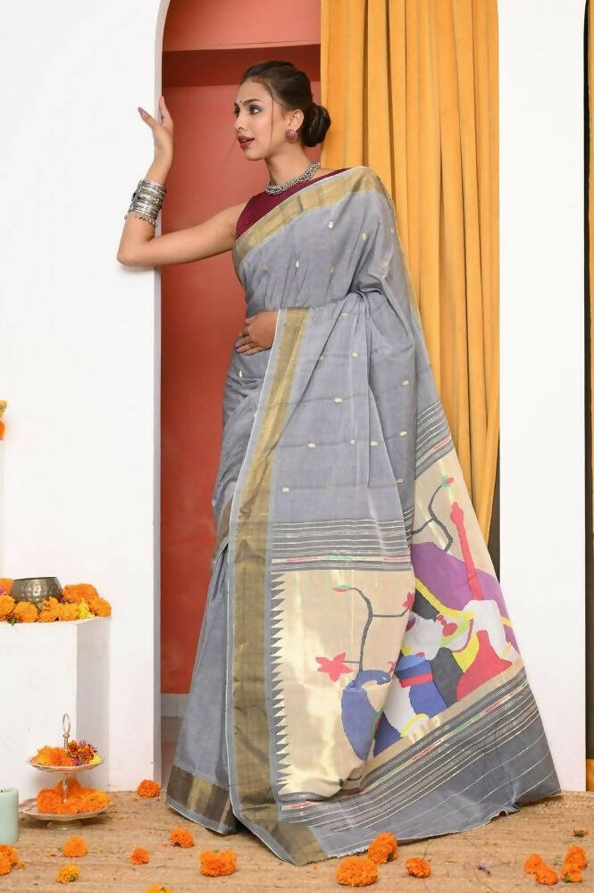 Very Much Indian Handloom Grey Cotton Paithani With Radha Krishna Pallu | Swadesiicart