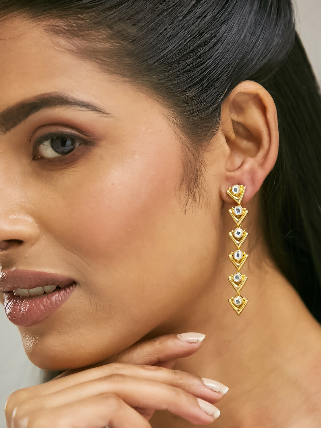 Nuyug 18K Gold-Plated Crystal Stone Studded Triangular Drop Sleek Earrings | Swadesiicart