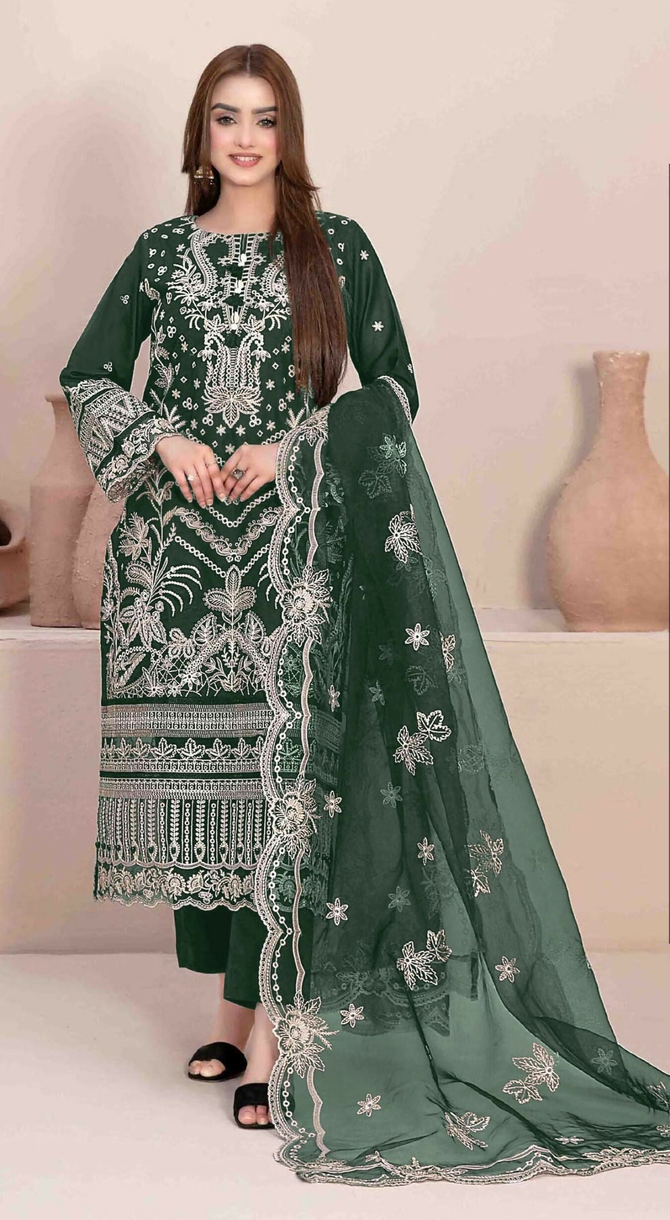 Anaita Green Faux Georgette Stitched Suit with Embroidery Work