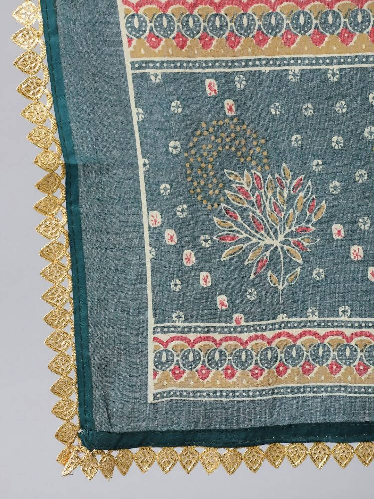 Anubhutee Teal Ethnic Motifs Printed Empire Thread Work Pure Cotton Kurta with Trousers & With Dupatta - Swadesiicart