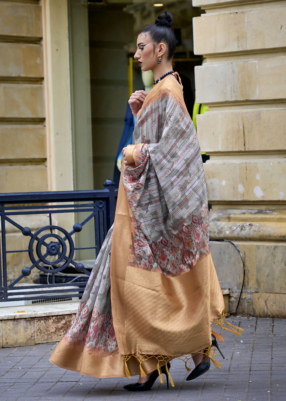 Lovely Grey Polly Brasso Designer Saree - Emponline | Swadesiicart