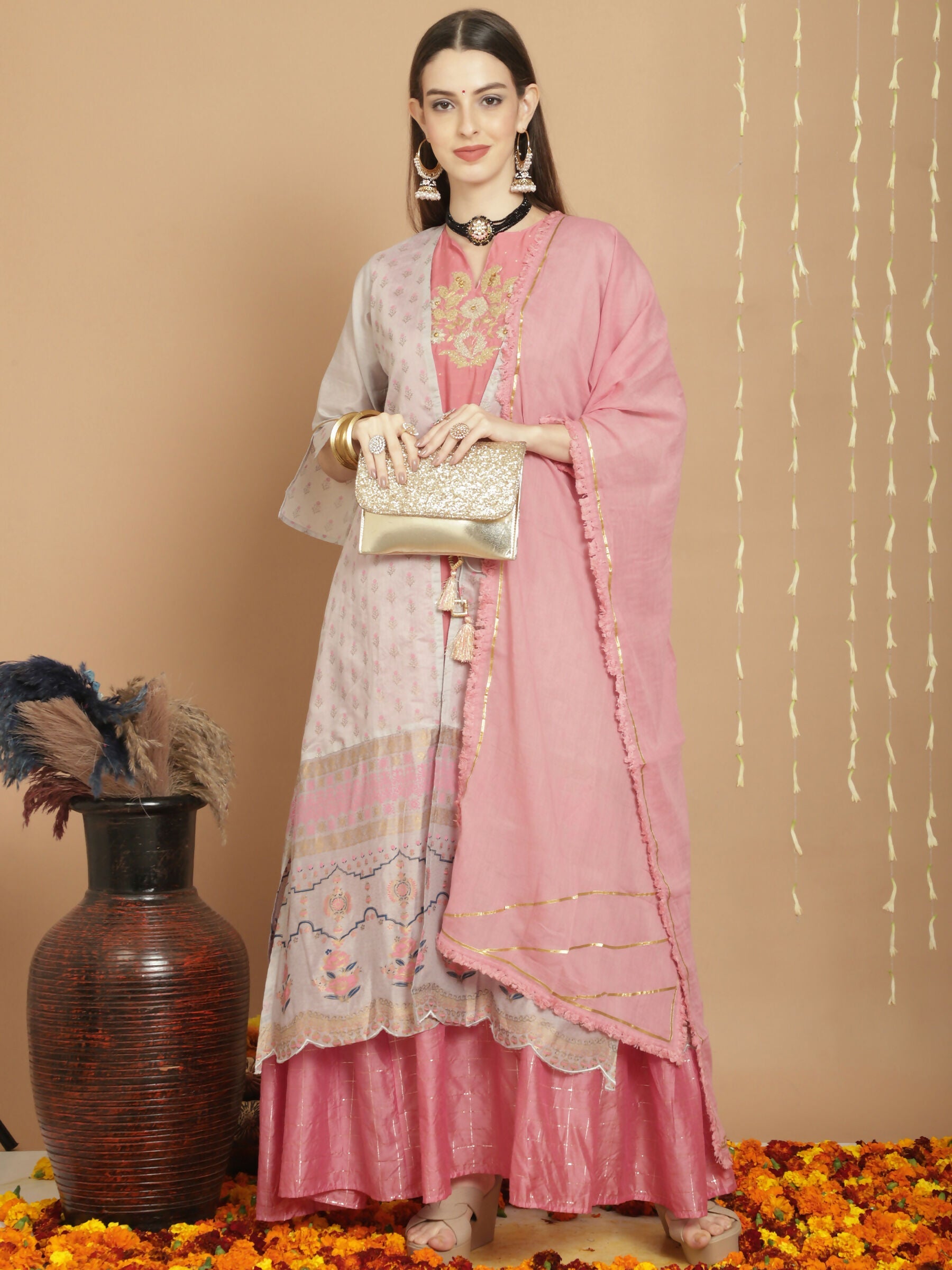Jyoti Fashion Women's Grey Chanderi Silk Elegant Jardoshi Semi Kurta with Trouser & Dupatta | Swadesiicart
