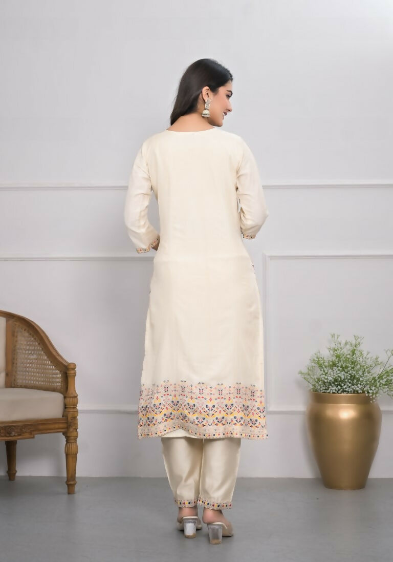 Cream Jequard Silk Embroidery with Thread and sequence Stitched Suit With Dupatta - Tanisha | Swadesiicart