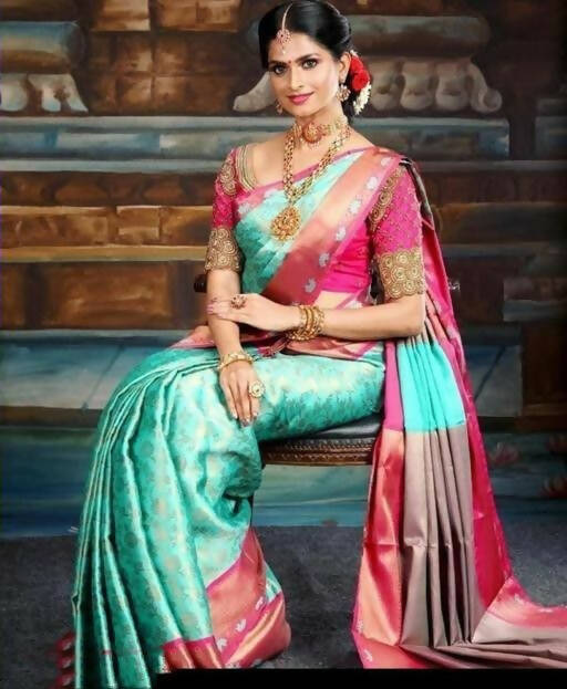 DEIANA'S Beautiful Designer Golden zari Soft Lichi Silk Saree - Sky - Swadesiicart
