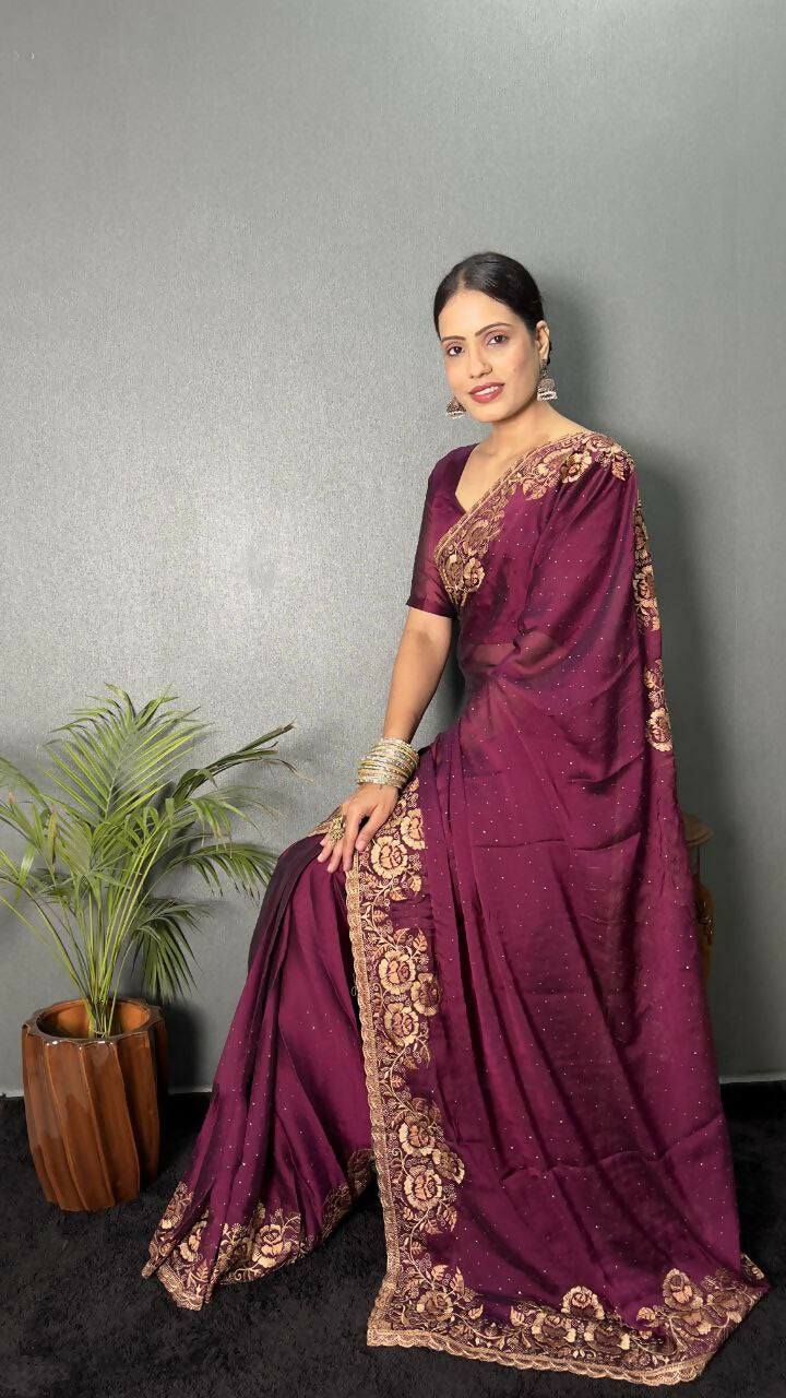 Vastranavya Wine Rangoli Silk Zari work with DMC Swarovski work Ready to Wear Saree | Swadesiicart