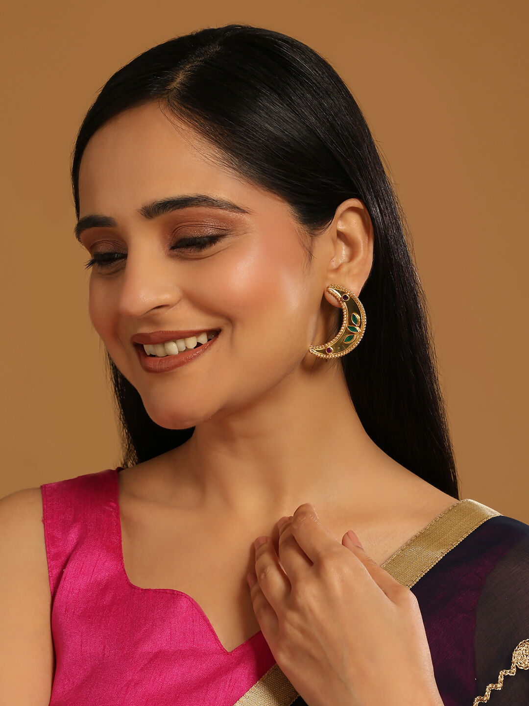 Nuyug 22K Gold Plated Green Lunar Earrings | Swadesiicart