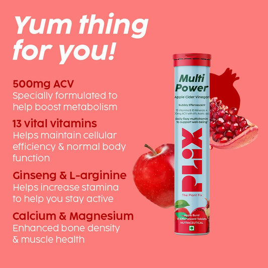 PLIX The Plant Fix Multi Power + Apple Cider Vinegar Bubbly Effervescent Tablets - Apple Burst - Swadesiicart