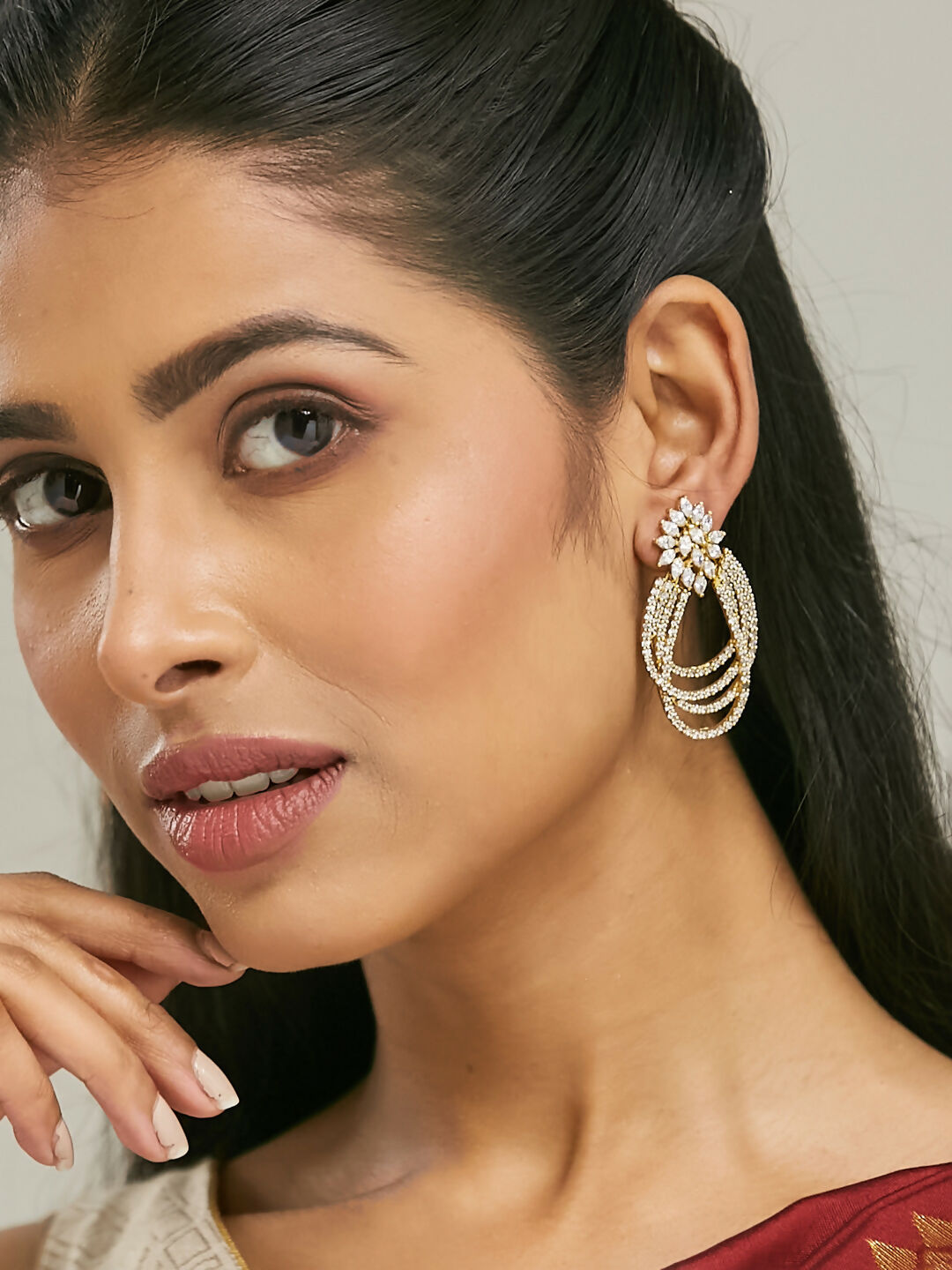 Nuyug 22K Gold-Plated Floral Motif Zircon Stone Studded Teardrop Shaped Elegant Drop Dangler Earrings | Swadesiicart