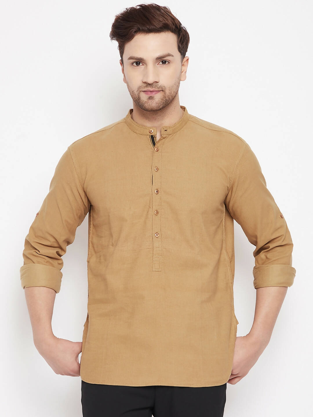 Even Apparels Beige Pure Cotton Short Men's Kurta With Band Collar | Swadesiicart